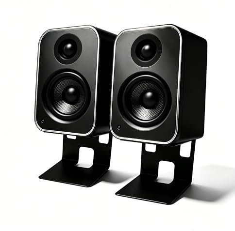 Coolty Desk Speaker Stands, 1 Pair, Universal Metal Speaker Stands with Shock-Absorbing Pads, Special Tilting Design, Speaker Stand for Gaming Table and PC Table (A)