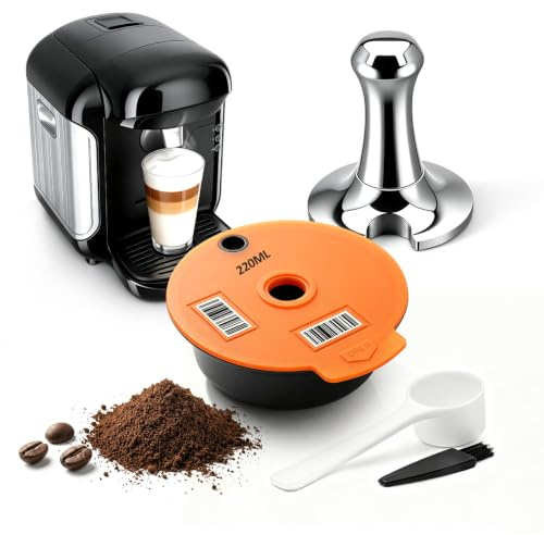FOVNOT Cápsulas de Café Reutilizables para Cafetera Bosch Tas, 220mL, Rellenables, con Prensador de 51mm y Tapa de Silicona, Filtro de Café, 1 Cuchara y 1 Cepillo
