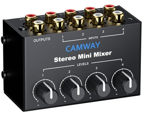 CAMWAY 4-Channel Audio Mixer – Mini Stereo RCA Audio Mixer for PC, Xbox, PS4 Games, TV, Music, Streaming, DJ Mixing, RCA Input with Independent Volume Controls, Professional Sound