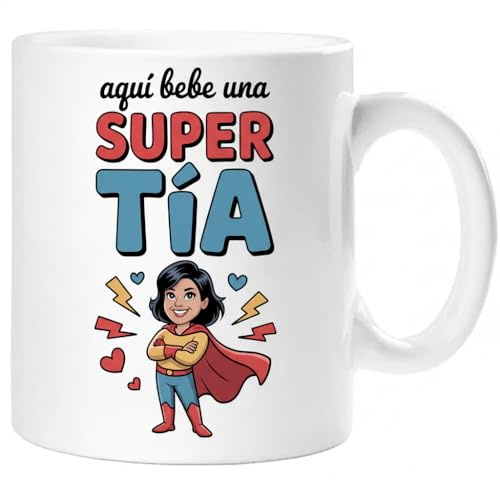 Taza SUPER TÍA – Regalo Original para TÍA | Taza de Cerámica 325ml con Diseño Superhéroe | Apta Microondas y Lavavajillas