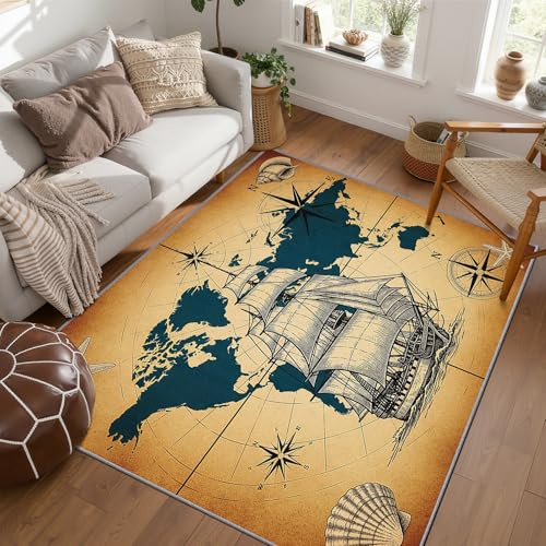 PaxGloz Teppich Piraten Geschenke - Teppiche Wohnzimmer Schlafzimmer Nautischer, Großer Teppich Maritimer Vintage, Weich Kurzflor & Waschbar & rutschfest Bettvorleger 120x120 cm