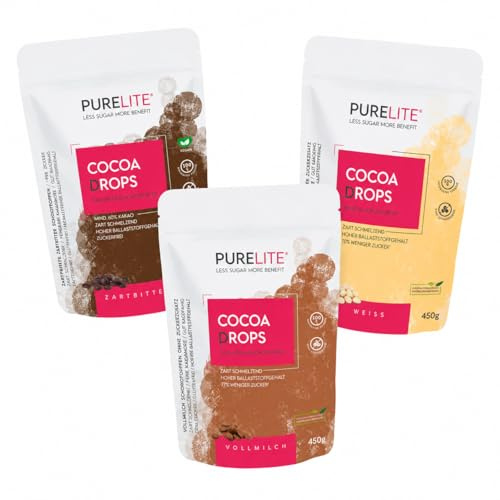 PURELITE Cocoa Drops Mix Bundle – Vollmilch, Zartbitter & Weiß ohne Zuckerzusatz, große Schokodrops mit Erythrit & Stevia, vegan & vegetarisch, ideal zum Backen, Schmelzen & Snacken, 3 x 450 g
