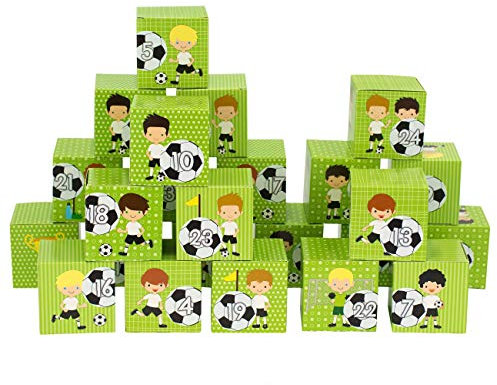 Papierdrachen DIY Adventskalender zum Befüllen - Kisten Set - Motiv Fußballspiel - 24 bunte Schachteln aus Karton zum Aufstellen und zum Befüllen - 24 Boxen - Weihnachten
