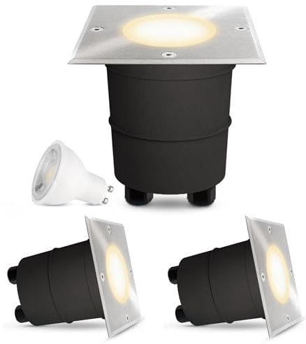SSC-LUXon 3 Stück LED Bodeneinbaustrahler MADON für Aussen IP67 - inkl. LED GU10 6W warmweiß 230V - Bodenspot eckig mit Echt-Glas matt
