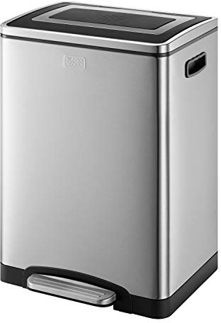 BLACK+DECKER Poubelle de tri sélectif Duo BXBN0003GB de 40 litres avec Fermeture Douce, Fabrication en Acier Inoxydable, 60 cm x 39,5 cm x 34 cm, Gris Froid