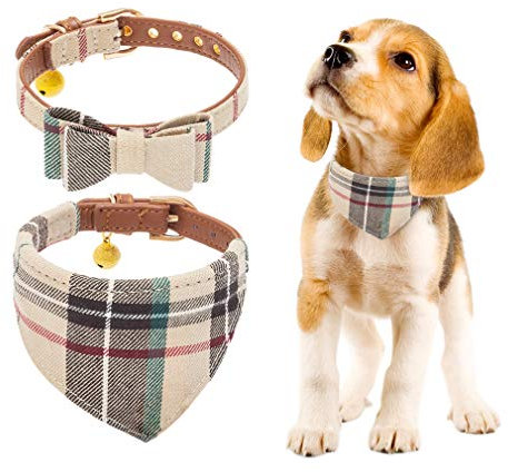 BINGPET Fliege Hundehalsband 2 PCS verstellbare Halsbänder Fliege Bandana mit Glocke für Welpen Katzen Klassische Karierte Bandana Krawatte für Hunde, Welpen und Katzen Outdoor Walkin
