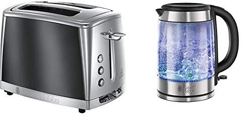 Russell Hobbs 23221 Luna Two Slice Toaster, 1500 W, Grey & Hobbs 21600-10 Illuminating Glass Kettle, Black, 1.7 Litre, 3000 Watt