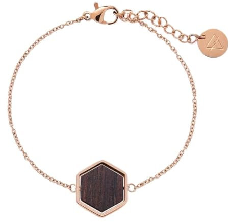 Kerbholz Holzschmuck – Geometrics Collection Hexa Bracelet rosegold, filigranes Frauen Armband mit Naturholz Anhänger, Schmuck aus Holz, größenverstellbar, Armbandlänge 15 cm + 2,5 cm…