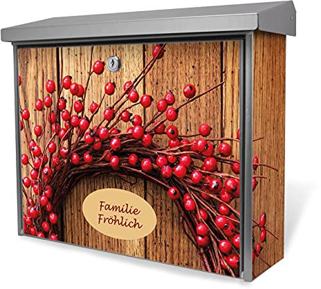 banjado® Burgwächter Briefkasten Edelstahl 38x39x12cm mit Motiv Weihnachtskranz/Briefkasten Edelstahl ohne Zeitungsfach/Briefkasten grau/Postkasten inkl. Montagematerial & 2 Schlüsseln