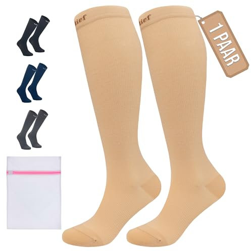 360 RELIEF 1 Pair Flight Compression Socks for Women & Men, Comfortable Travel, Circulation & Leg Relief, Pregnancy Support, L/XL, Beige + Laundry Bag