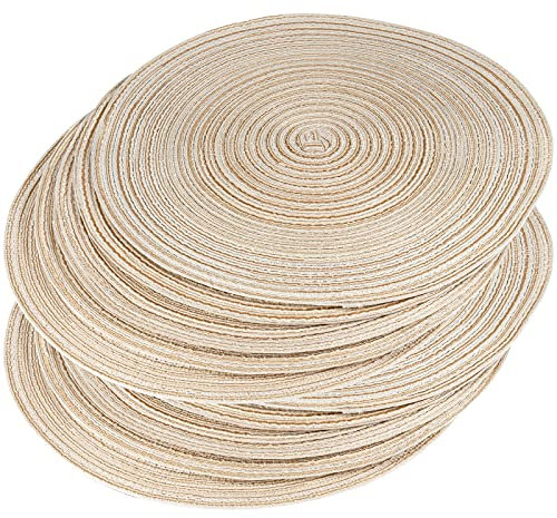 MUKCHAP Set di 10 tovagliette rotonde in cotone beige, 37,5 cm, isolamento termico, sotto piatti, tovagliette rotonde intrecciate per feste, cucina, sala da pranzo