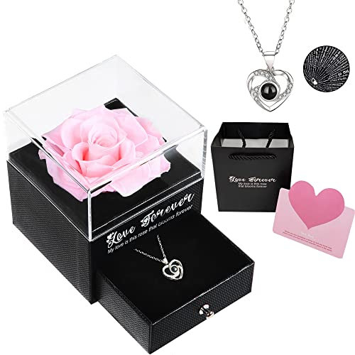 Cadeau Fete des Meres,Rose Eternelle sous Cloche,Cadeau Bijoux Femme,Romantiques Cadeau pour Maman Couple Anniversaire Collier Femme.Coffret Cadeau pour Femme,Mamie,Maman,Copine,Soeur,Saint Valentin