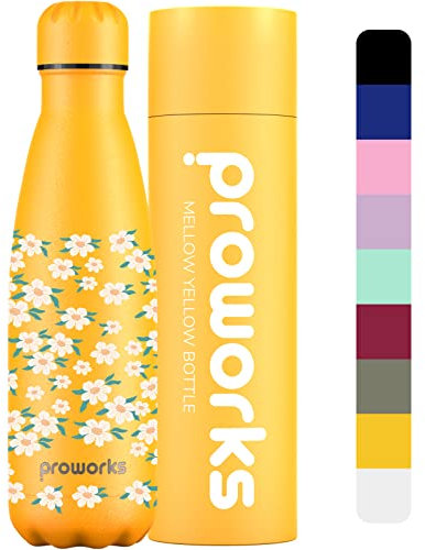 PROWORKS Bouteille d'eau Isotherme, sans BPA, Gourde INOX Reutilisable pour Maintien Chaud de 12 Heures & du Froid Jusqu’à 24 Heures, Sport, Gym, Voyage - 500ml - Jaune Doux - Petites Fleurs