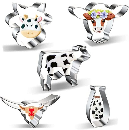 Ausstechformen-Set mit Kuh, 5-teilig, Edelstahl, Bauernhof-/Bauernhaus-Ausstechformen, Formen für Milchflasche, Longhorn, Stier, Kuhkopf, Kuh / Lenkgesicht, Formen für die Herstellung von Keksen,