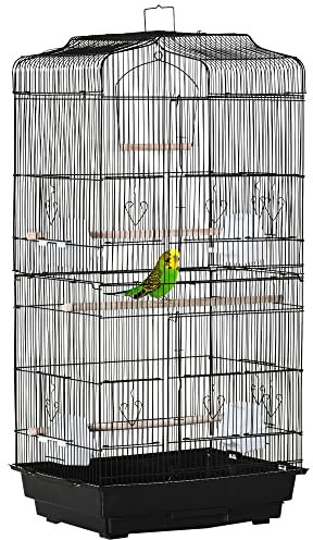 PawHut Jaula para Pájaros 46,5x35,5x92 cm Pajarera de Metal con Puertas 4 Comederos 3 Perchas Columpio Bandeja Extraíble y Asa de Transporte para Loro Canario Periquito Negro