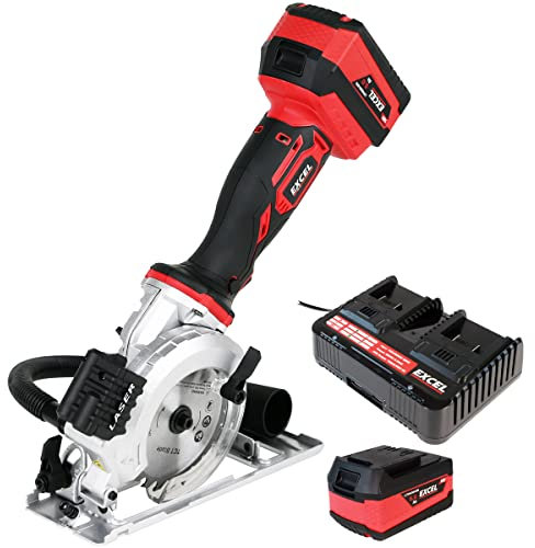 Excel 18V 115mm Mini Circular Saw with 2 x 4.0Ah Battery Charger - No-Load Speed 4500/min - Soft Grip - Rip Guide Locking & Laser - Dust Port