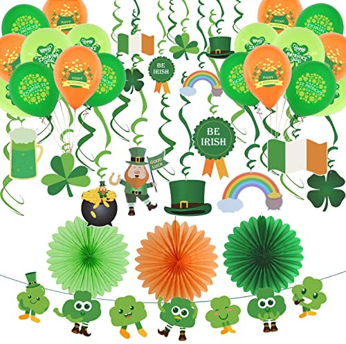 YiiiGoood St. Patrick Deko Kleeblatt Banner irische Luftballons Irland Deko Deckenhänger Papier Fächer Dekoration St. Patrick's Day Grün Orange Karneval Deko