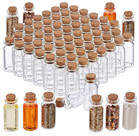 Relaxdays Mini-Bouteilles avec Bouchon de liège, Lot de 144, Petite Bouteille en Verre, 10 ML, Flacon déco, Transparent