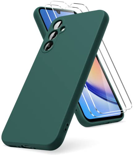 Vansdon Funda Compatible con Samsung Galaxy A34 5G, 2 Unidades Protector Pantalla Cristal Templado, Silicona Líquida Gel Ultra Suave Funda- Verde Noche