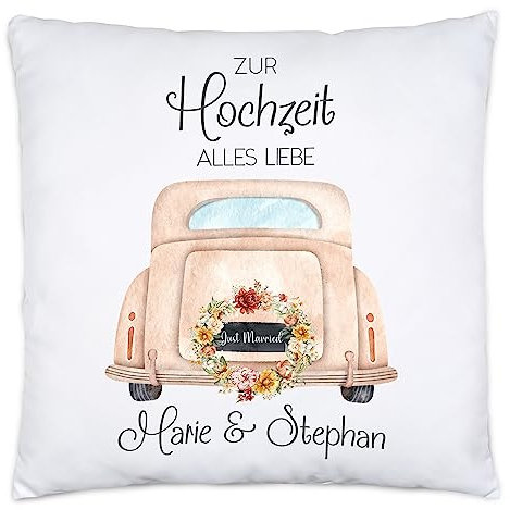 Kiddle-Design Personalisiertes Hochzeitsgeschenk Kissen Geschenk zur Hochzeit Gastgeschenk individuell mit Namen Hochzeitsauto Brautpaar