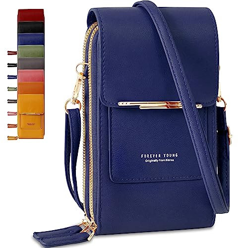 Lakpopya Pochette Telephone Portable en Cuir PU pour Femme, Sac Telephone Portable Petit Multifonctionnel avec Portefeuille, Pochette Portefeuille Femme pour Téléphones Jusqu'à 6,9 (Bleu Marine)