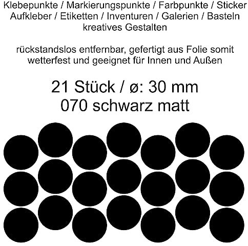 Aufkleber Etiketten Klebepunkte aus Folie 21 Stück schwarz matt rund 30 mm selbstklebend farbig wetterfest Decal Markierungen Organisieren DIY basteln verzieren Modellbau Scrapbooking