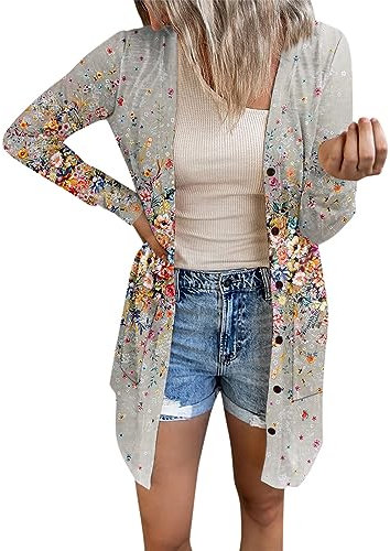 RMBLYfeiye Trachtenjacke Damen Strickjacke Longstrickjacke Jersey Blazer Blumenmuster Leichte Übergangsjacke Mit Knopfleiste Elegant Cardigan Langarm Blouson Dünne Jacke Schwarze Weste