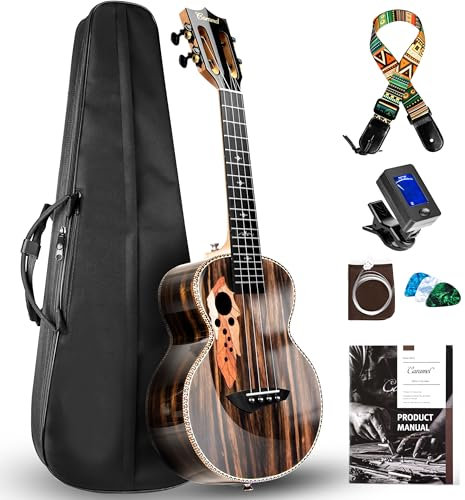 Caramel CAG94 Glossy Black Ebony 23 Concert Ukulele for Beginner | Handmade Ukelele Starter Kit
