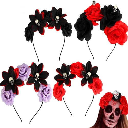 4PcsCerchietto di Halloween,Dia de Muertos Fascia per capelli,Fascia gotica floreale per Capelli con Fascia Teschio Gotico Accessori per Capelli Rose Rosse e Nere Nere Accessori per Halloween