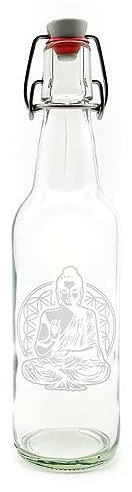 Samunshi® Spirituelle Glas Flasche mit Buddha und Blume des Lebens Gravur als Motiv Trinkflasche für Schule Sport Freizeit Esoterik New Age Buddhismus 500ml Weißglas