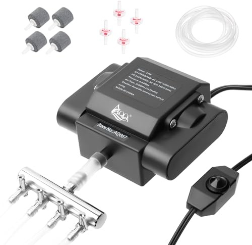 AQQA Aquarium Air Pump Powerful Pond Aerator Oxygen Pump 4 Outlets Adjustable Hydroponic Air Bubbler Pump with Air Stone Tube Air Valves for Up to 1000Gal (15W,356GPH)