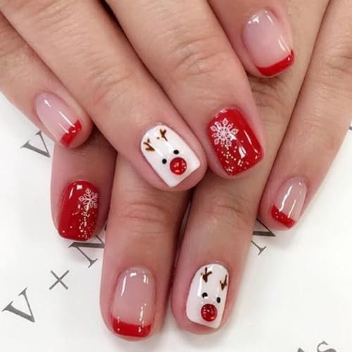 Ceboic 24 Pièces Noël Faux Ongles Court Carré Naturel Ongles à Coller Français Rouge Blanc Brilliant Press on Nails Elan Flocon de Neige Acrylique Square Faux Ongles Autocollants pour Femmes