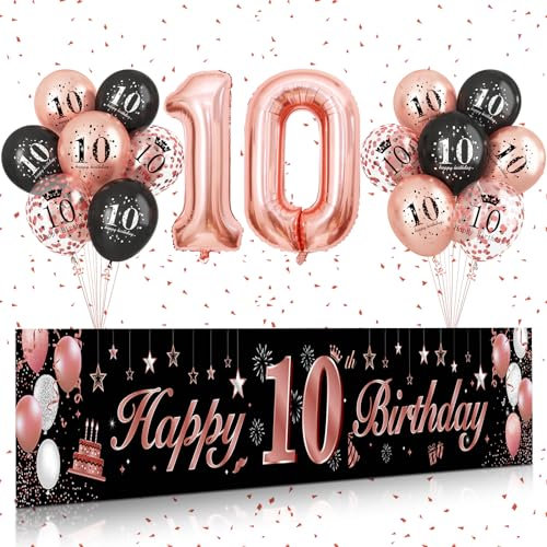 10 Geburtstag Deko Junge Mädchen,BTZO 10.Geburtstag Banner Roségold Schwarz 10 Geburtstag Hintergrund Banner für 10 Mädchen und Jungen Geburtstagsfeier Deko
