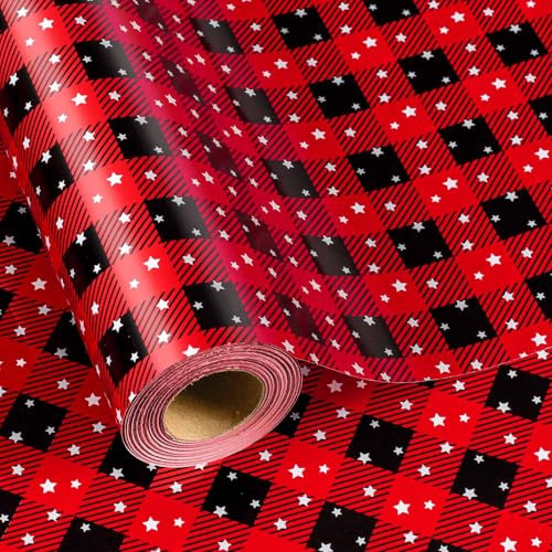 MAYPLUSS Mini-Geschenkpapierrolle, 43,2 x 10,1 m, rot und schwarz kariert mit weißem Stern für Weihnachten, Party, Geburtstag