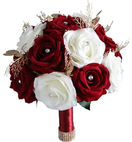 Fouriding Bouquet da sposa, bouquet di rose artificiali a mano, bouquet da sposa per damigella d'onore, cerimonie, anniversari, feste, addio al nubilato, bouquet di nozze (bordeaux bianco)