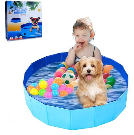 Piscina per Cani, 80 x 20 cm Piscina Pieghevole per Cani di Piccola Taglia, Vasca da Bagno Portatile Animali Domestici Antiscivolo Sicura Piscina Rigida per Gatti & Bambini (Blu)