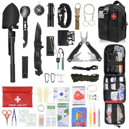 Kit de Survie d'urgence en Plein air, 38 en 1 avec Kit de Premiers Secours de Survie avec pour Hommes Camping, Pince Pliante, Voyage Aventure, Randonnée, Aventure en Plein Air