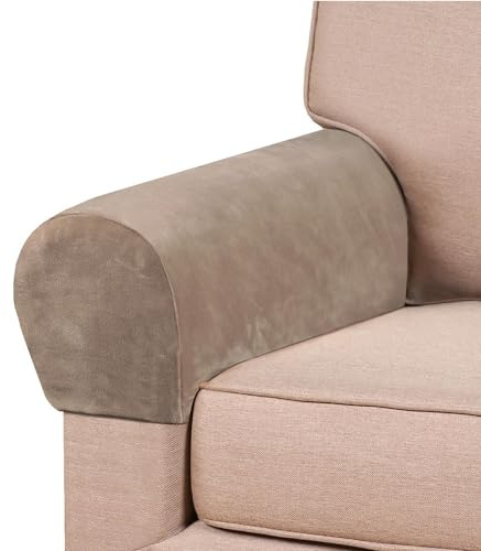 Morbuy Set of 2 Stretch Armchair Covers for Arms, Velvet Armrest Covers Anti-Slip Solid Color Sofa Arm Covers Chair Arm Covers Protectors Sofa Arm Caps Slipcovers (Taupe)