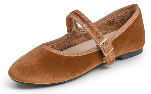 Feversole Women's Soft Cushion Extra Padded Comfort Round Toe Mary Jane Metal Buckle Fashion Ballet Flats Walking Shoes Camel Velvet Short Plush Lining UK Size 5