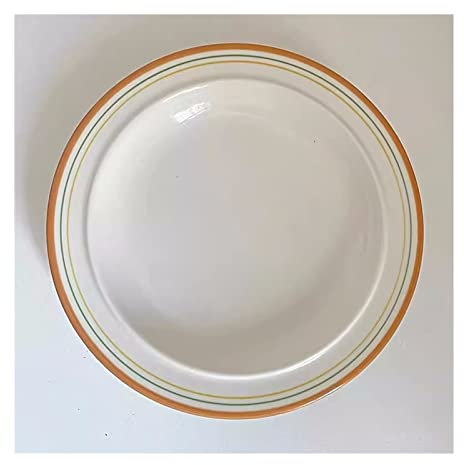 SDA287MZ Plates Simple Meal Plate Line Pattern Plate Breakfast Plate Dessert Plate Salad Plate Deep Plate Flat Plate Soup Plate White Plate Side Plate(Orange,B)