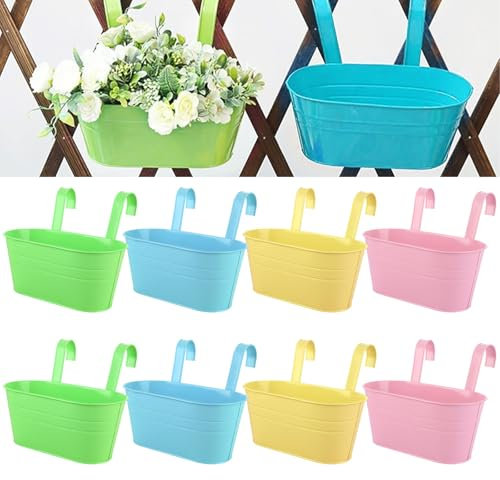 APACALI 8 Pack Hanging Plant Pot, 27cm Balcony Planters for Railing, Over Fence Planters with Detachable Hooks, Hanging Planters Outdoor, Hanging Flower Pots for Fence Garden Home Decor, 4 Colours