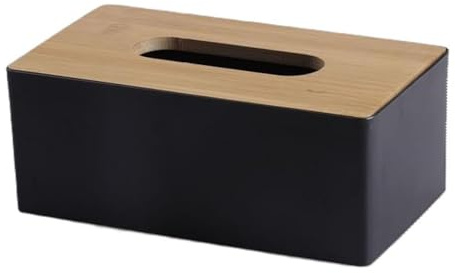Tissue Box with Bamboo Wood Lid, Rectangular Tissue Dispenser Box, Plastic Tissue Box for Bathroom, Car, Office, 21.5x12x8.5cm (Black)