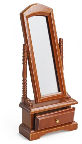 Odoria Puppenhaus Spiegel Ankleidespiegel Miniatur: 1/12 Maßstab Stehspiegel Vintage Schlafzimmer - Mini Ganzkörperspiegel Möbel Holz mit Schublade Braun
