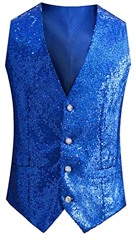 Foweknow Suit Vest Men's Sequin Glitter Vest 70s Outfit Men's Party Disco Outfit Sleeveless Vest Coat V-Neck Traditional Vest Metallic Shiny Clothing, blue, L