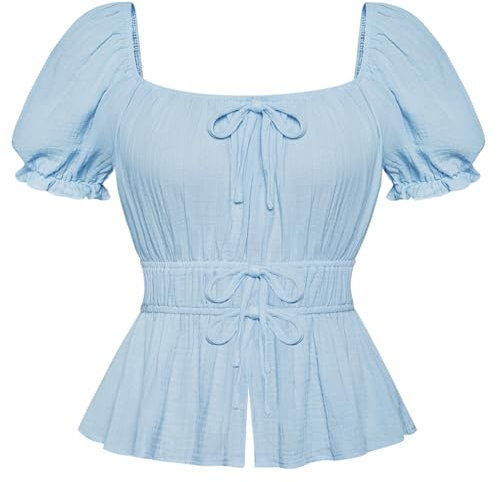 SCARLET DARKNESS Womens Summer Tops for Women UK Short Puff Sleeve Cottagecore Fairy Tops Renaissance Shirt Blue M