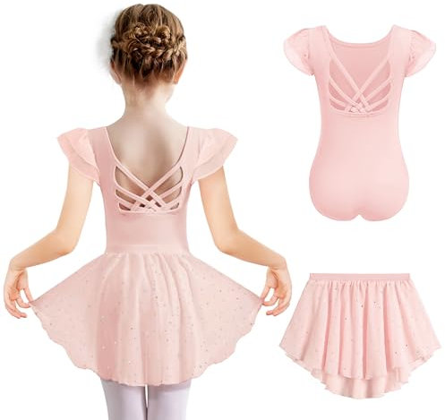 Arshiner Mädchen Kurzarm Ballettkleidung Rosa Tanzkleider Baumwolle Ballettkleider Einfarbig Balletttrikot Kinder Tanzkleid Kleinkind Ballettbody mit Pailletten Ballettrock 110/2-3 Jahre