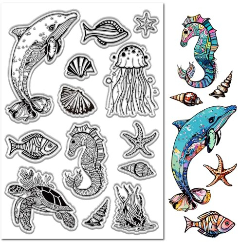 CRASPIRE A5 Transparente Stempel Mit Meerestieren Seepferdchen Schildkröte Delfin Silikonstempel Folienblätter Transparente Gummisiegelstempel 8.3x5.8{1} cm Für Einladungskarten Postkarten Alben Fotos