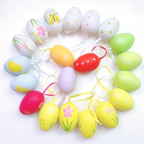KEELYY Ostereier zum Aufhängen, 20 Stück Osterdeko Eier aus Kunststoff, Plastikeier Bunt mit Band, Handbemalte Osterdeko mit tollen Mustern, Deko Ostereier zum aufhängen draußen innen, 6 x 4cm