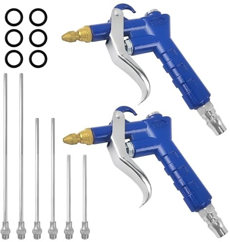2 Stück Druckluftpistole, Ausblaspistole Druckluft mit 6 Eisenluftschläuchen und 6 Dichtungen, Druckluftwerkzeuge, Hochdruck Ausblaspistolen, Geeignet für die Industrielle Reinigung (Blau)