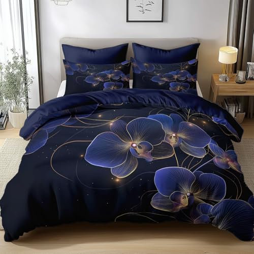 Bettwäsche 180x200cm Blume Moderne Orchidee Bettbezug Set, Weich Atmungsaktiv Polyester Baumwolle Bettwäsche 3 teilig, für Erwachsene Kinder mit 2 Kissenbezug 80x80 cm